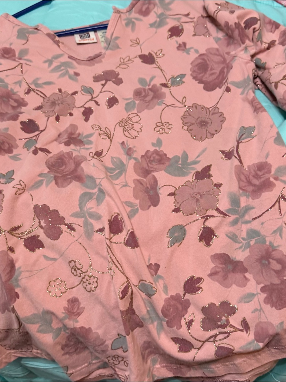Faded Glory Pink Floral Metallic-Accent Long Sleeve Top